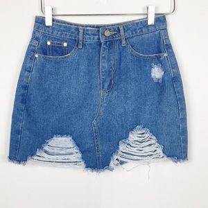 Misguided Blue Denim Ripped Mini Skirt